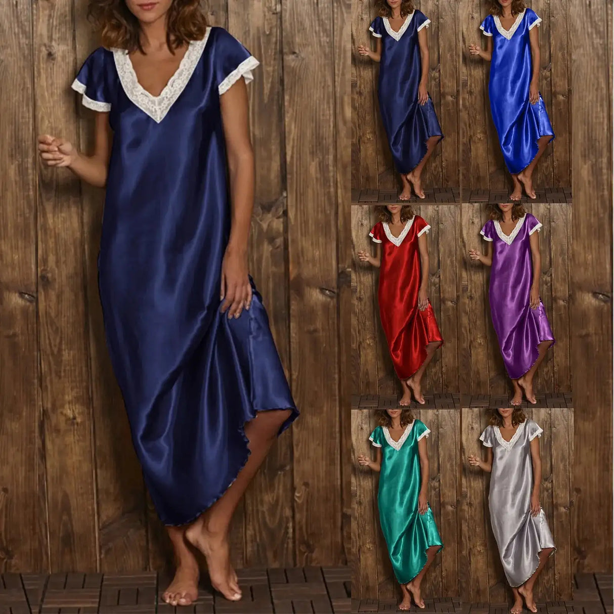 Women Summer Silk Sleepwear Short Sleeve V Neck Homewear Long Dress Nightgowns Sleepwear Sleep Tos Night Dress Underwear - Lootquake