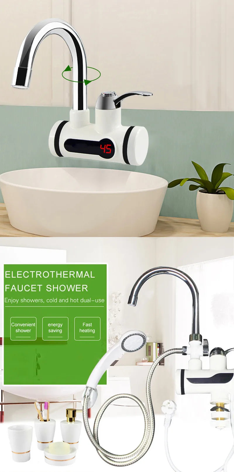 Chauffe-eau instantané électrique sans réservoir avec douche, 220 V, affichage numérique, robinet électrique, électroménager