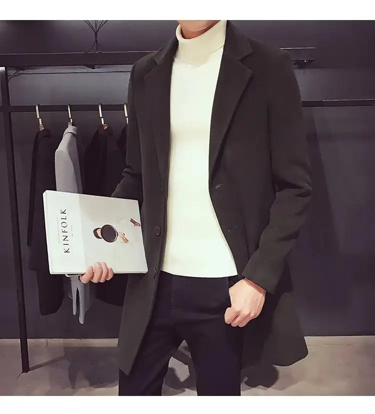 2024 Spring Autumn New Long Cotton Coat New Wool Blend Pure Color Casual Business Fashion Men's Clothing Slim Windbreaker Jacket - Lootquake