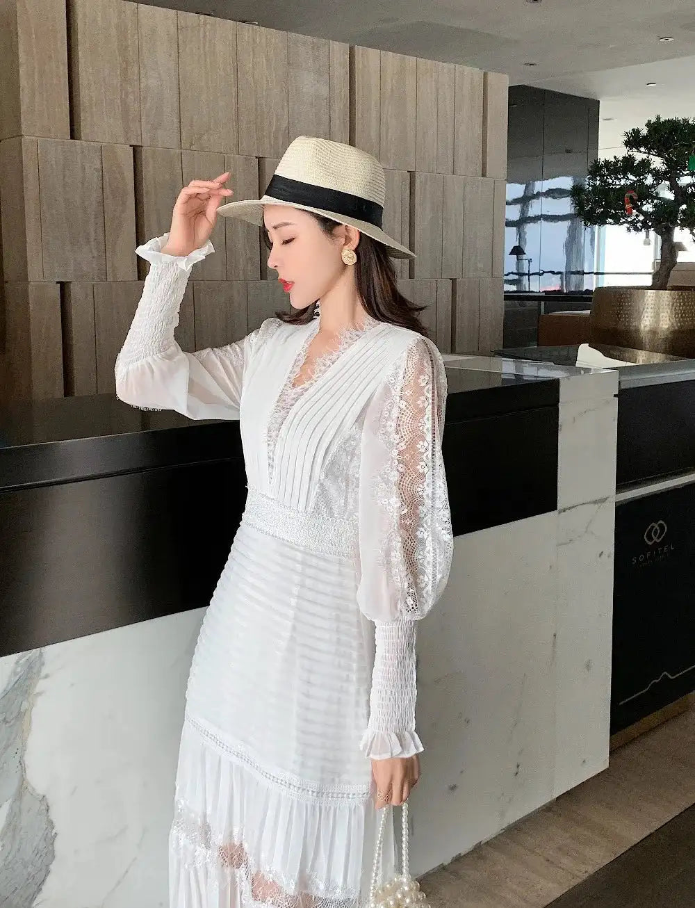 JSXDHK Fashion Runway Women Pleated Party Dress Spring Sexy V Neck Lantern Sleeve Chiffon Patchwork Lace Bodycon Slim Long Dress - Lootquake