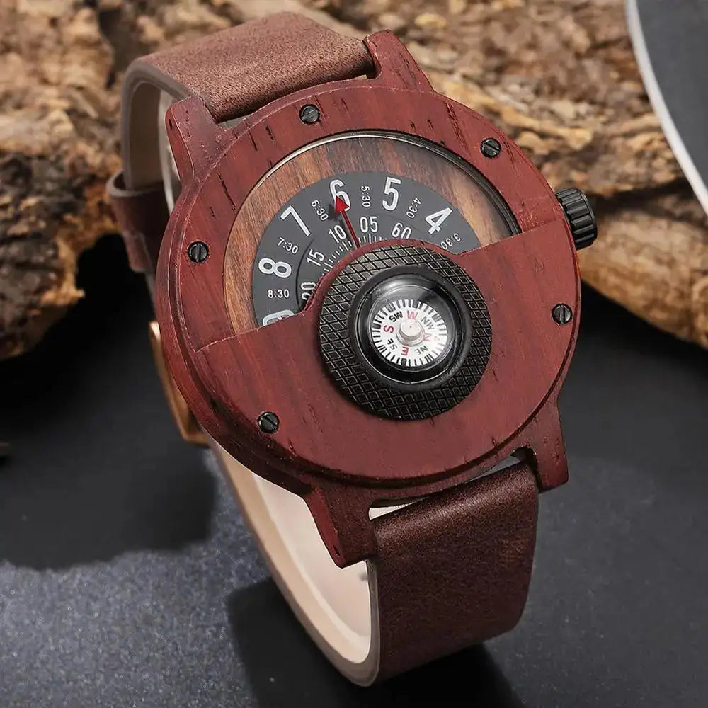 Natural Wood Watch Men Turntable Compass Dial Real Walnut Ebony Bamboo Wooden Watches Male Brown Concept Clock Quartz Wristwatch