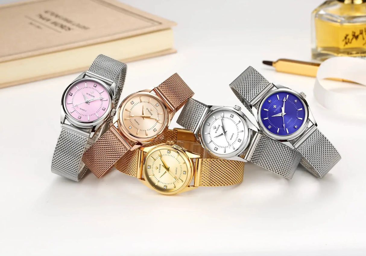 WWOOR 2023 Casual Women Dress Rose Gold Mesh Belt Fashion Diamonds Wristwatch Waterproof Simple Female Quartz Watch Reloj Mujer - Lootquake