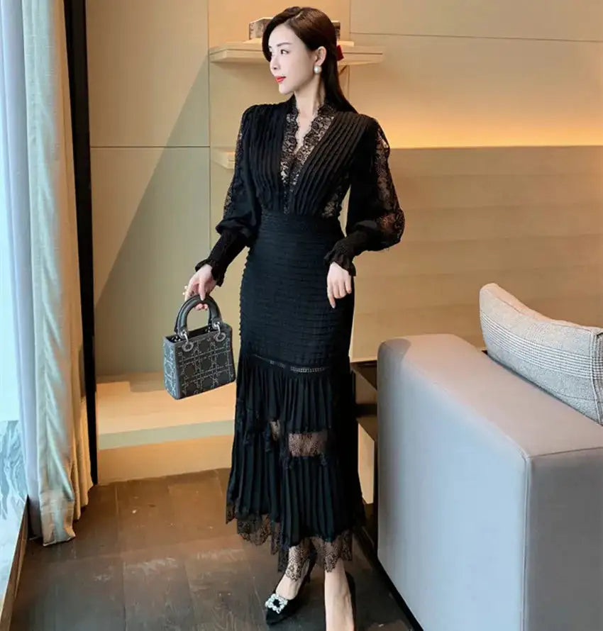 JSXDHK Fashion Runway Women Pleated Party Dress Spring Sexy V Neck Lantern Sleeve Chiffon Patchwork Lace Bodycon Slim Long Dress - Lootquake