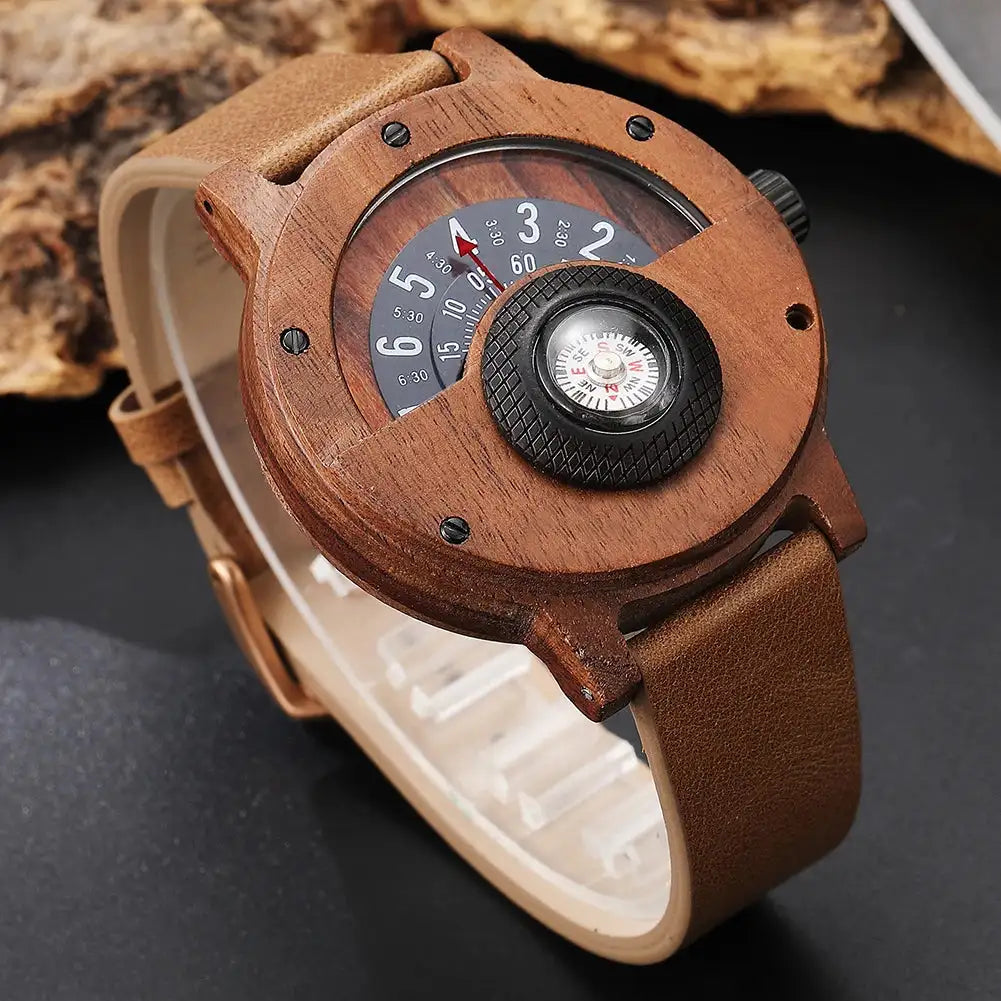 Natural Wood Watch Men Turntable Compass Dial Real Walnut Ebony Bamboo Wooden Watches Male Brown Concept Clock Quartz Wristwatch - Lootquake