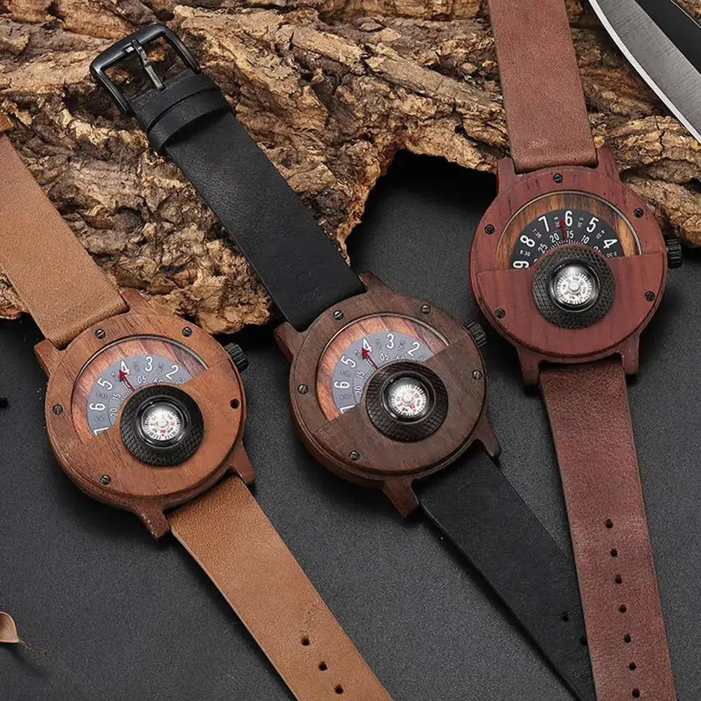 Natural Wood Watch Men Turntable Compass Dial Real Walnut Ebony Bamboo Wooden Watches Male Brown Concept Clock Quartz Wristwatch - Lootquake