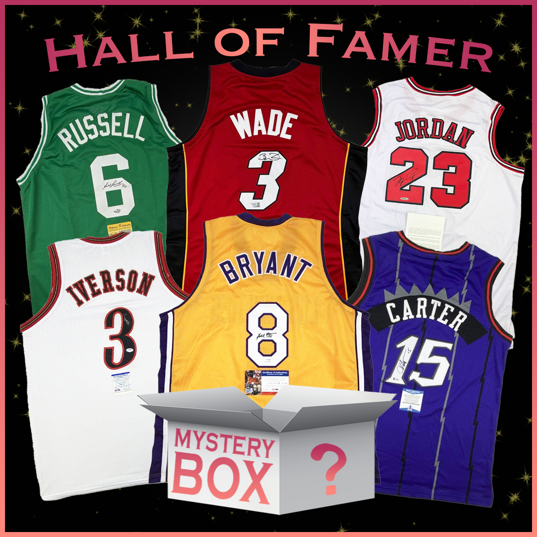 Caja misteriosa de camisetas de baloncesto autografiadas/firmadas por miembros del Salón de la Fama con PSA JSA o Beckett COA