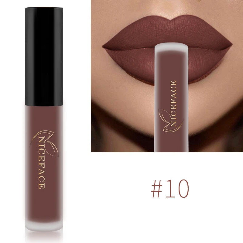 NICEFACE Lápiz labial líquido mate resistente al agua, brillo labial de larga duración, tinte sexy rojo nude morado metálico, lápices labiales, cosméticos de maquillaje