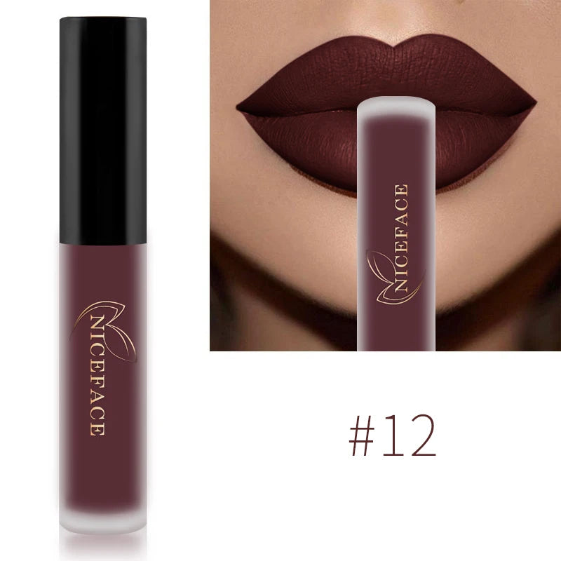 NICEFACE Lápiz labial líquido mate resistente al agua, brillo labial de larga duración, tinte sexy rojo nude morado metálico, lápices labiales, cosméticos de maquillaje