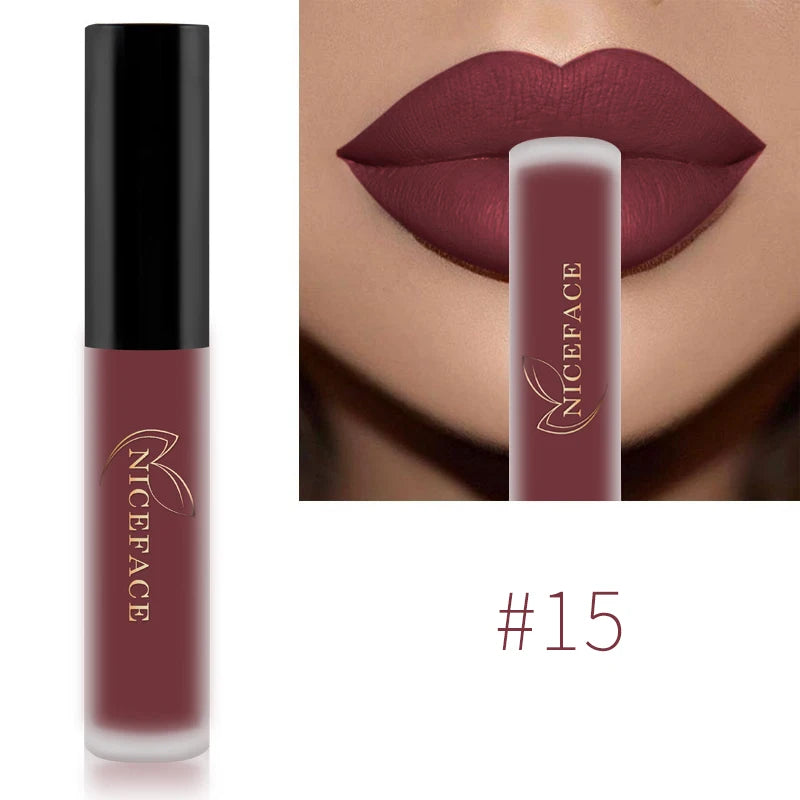 NICEFACE Lápiz labial líquido mate resistente al agua, brillo labial de larga duración, tinte sexy rojo nude morado metálico, lápices labiales, cosméticos de maquillaje