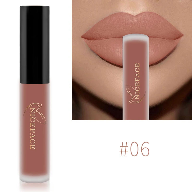 NICEFACE Lápiz labial líquido mate resistente al agua, brillo labial de larga duración, tinte sexy rojo nude morado metálico, lápices labiales, cosméticos de maquillaje