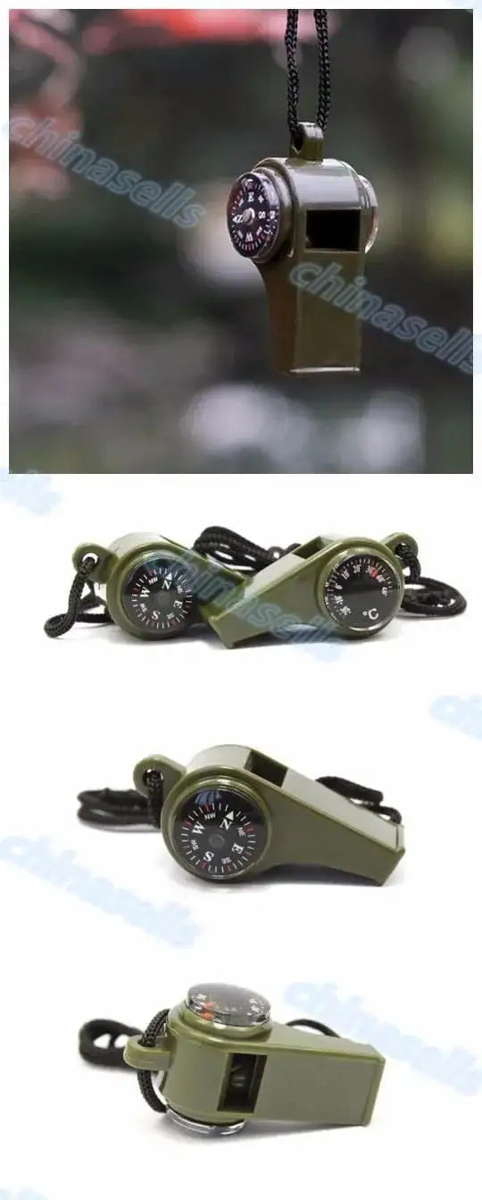 3 in1 Camping Hiking Emergency Survival Gear Whistle Compass Thermometer Outdoor Need ArmyGreen Color with rope