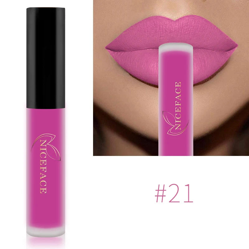 NICEFACE Lápiz labial líquido mate resistente al agua, brillo labial de larga duración, tinte sexy rojo nude morado metálico, lápices labiales, cosméticos de maquillaje
