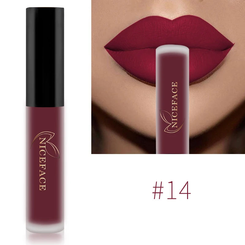 NICEFACE Lápiz labial líquido mate resistente al agua, brillo labial de larga duración, tinte sexy rojo nude morado metálico, lápices labiales, cosméticos de maquillaje