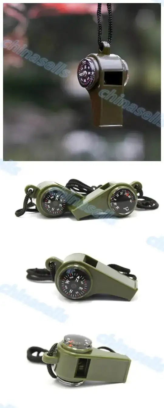 3 in1 Camping Hiking Emergency Survival Gear Whistle Compass Thermometer Outdoor Need ArmyGreen Color with rope - Lootquake