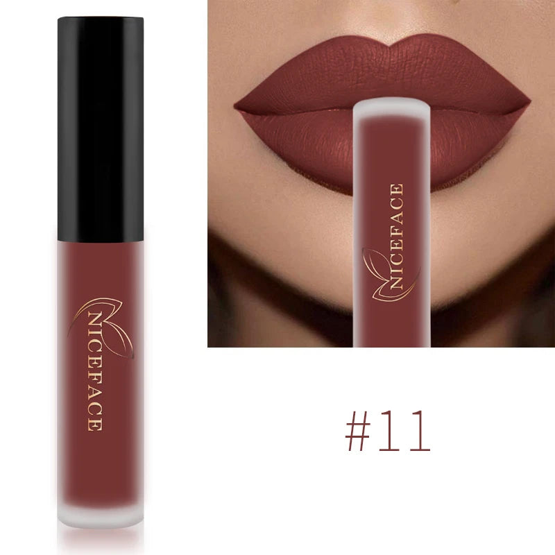 NICEFACE Lápiz labial líquido mate resistente al agua, brillo labial de larga duración, tinte sexy rojo nude morado metálico, lápices labiales, cosméticos de maquillaje