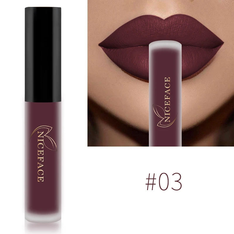 NICEFACE Lápiz labial líquido mate resistente al agua, brillo labial de larga duración, tinte sexy rojo nude morado metálico, lápices labiales, cosméticos de maquillaje