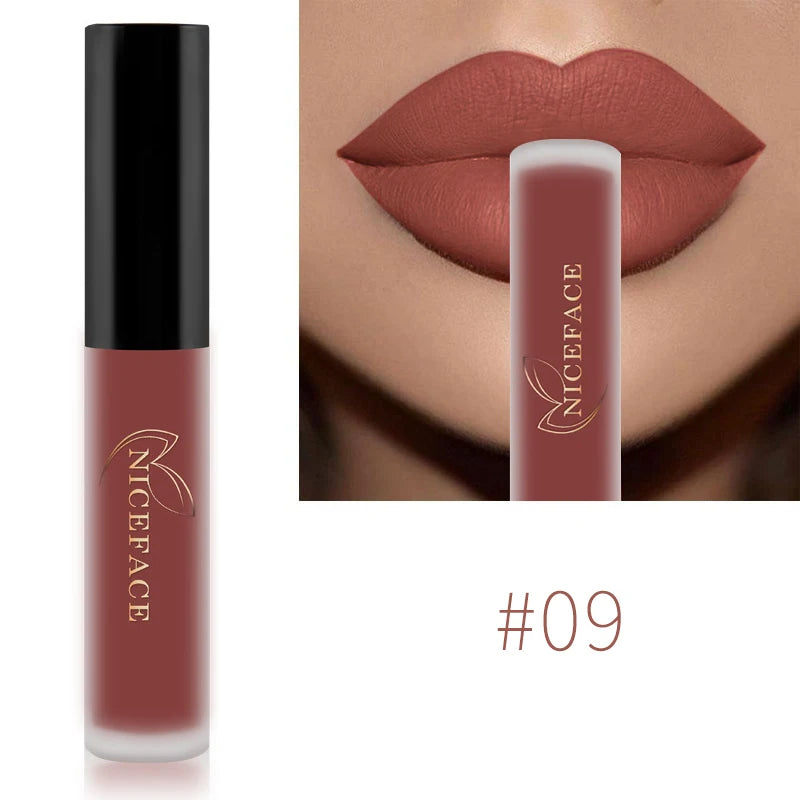 NICEFACE Lápiz labial líquido mate resistente al agua, brillo labial de larga duración, tinte sexy rojo nude morado metálico, lápices labiales, cosméticos de maquillaje