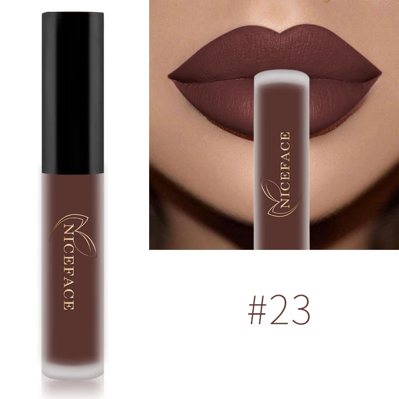 NICEFACE Lápiz labial líquido mate resistente al agua, brillo labial de larga duración, tinte sexy rojo nude morado metálico, lápices labiales, cosméticos de maquillaje