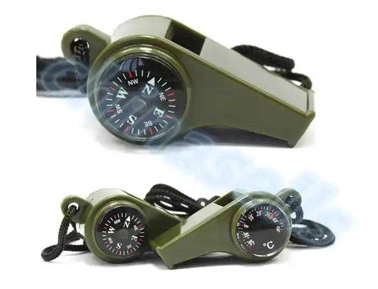 3 in1 Camping Hiking Emergency Survival Gear Whistle Compass Thermometer Outdoor Need ArmyGreen Color with rope - Lootquake