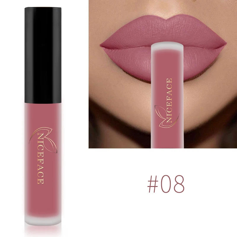NICEFACE Lápiz labial líquido mate resistente al agua, brillo labial de larga duración, tinte sexy rojo nude morado metálico, lápices labiales, cosméticos de maquillaje