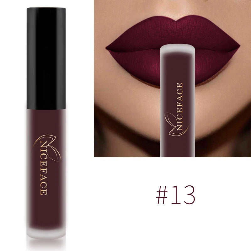NICEFACE Lápiz labial líquido mate resistente al agua, brillo labial de larga duración, tinte sexy rojo nude morado metálico, lápices labiales, cosméticos de maquillaje