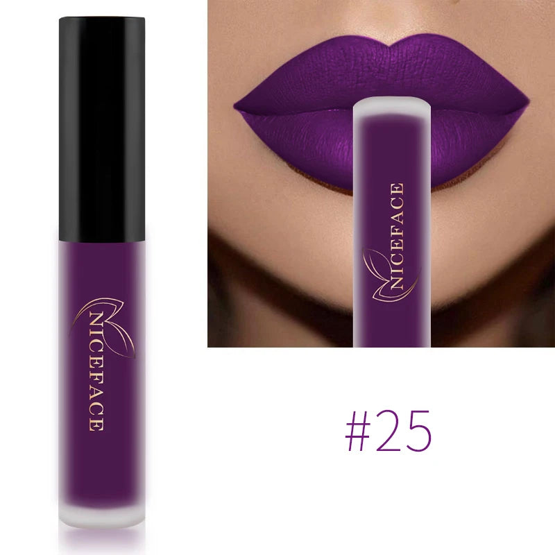 NICEFACE Lápiz labial líquido mate resistente al agua, brillo labial de larga duración, tinte sexy rojo nude morado metálico, lápices labiales, cosméticos de maquillaje