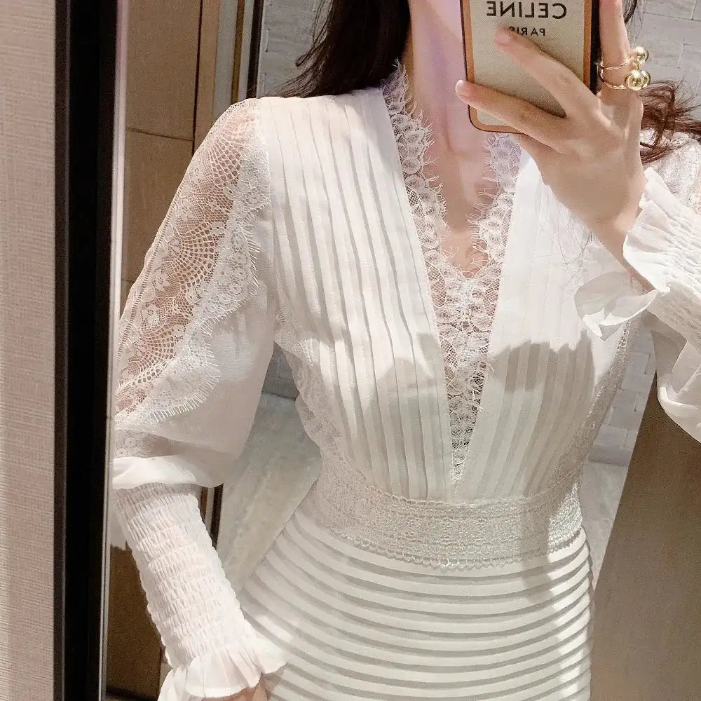 JSXDHK Fashion Runway Women Pleated Party Dress Spring Sexy V Neck Lantern Sleeve Chiffon Patchwork Lace Bodycon Slim Long Dress - Lootquake