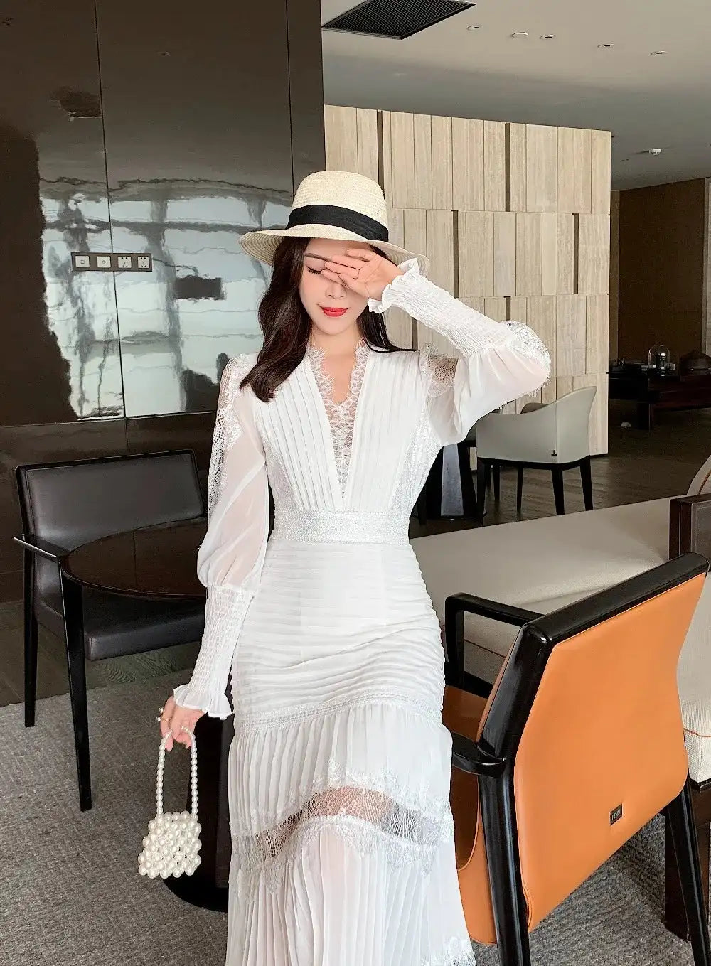 JSXDHK Fashion Runway Women Pleated Party Dress Spring Sexy V Neck Lantern Sleeve Chiffon Patchwork Lace Bodycon Slim Long Dress - Lootquake