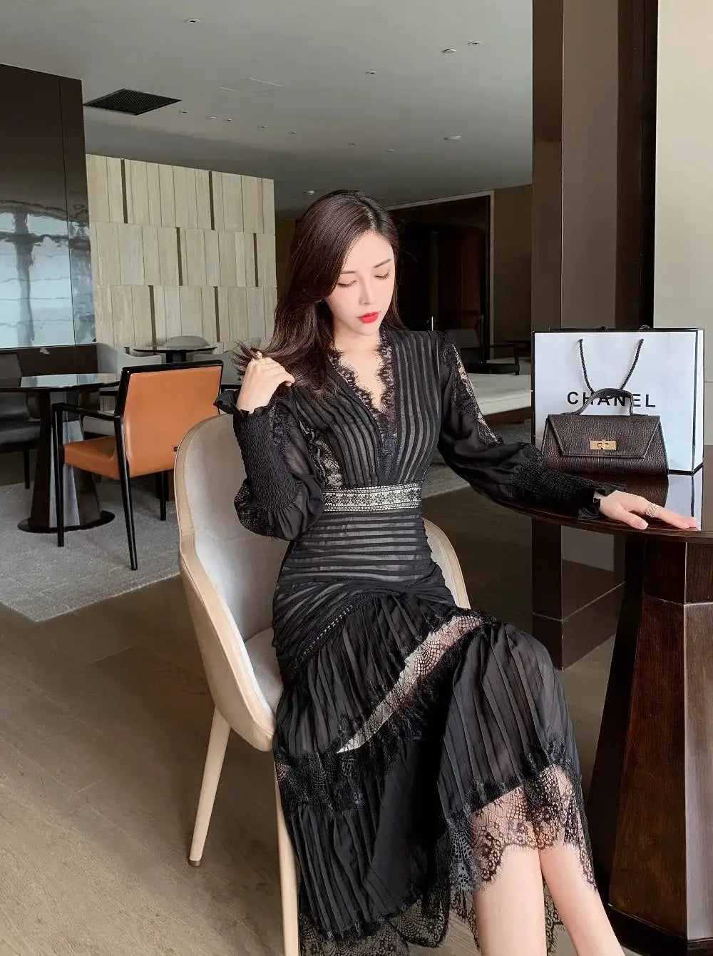 JSXDHK Fashion Runway Women Pleated Party Dress Spring Sexy V Neck Lantern Sleeve Chiffon Patchwork Lace Bodycon Slim Long Dress - Lootquake