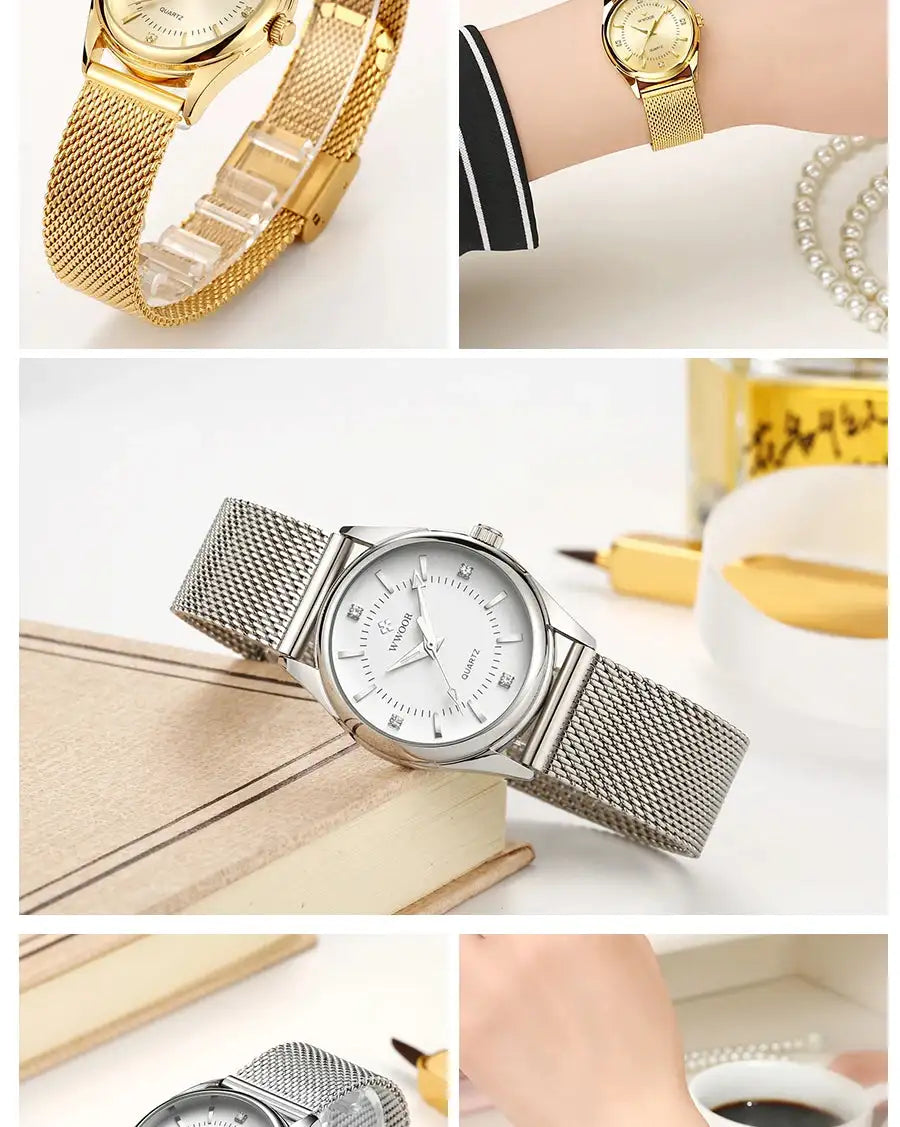 WWOOR 2023 Casual Women Dress Rose Gold Mesh Belt Fashion Diamonds Wristwatch Waterproof Simple Female Quartz Watch Reloj Mujer - Lootquake