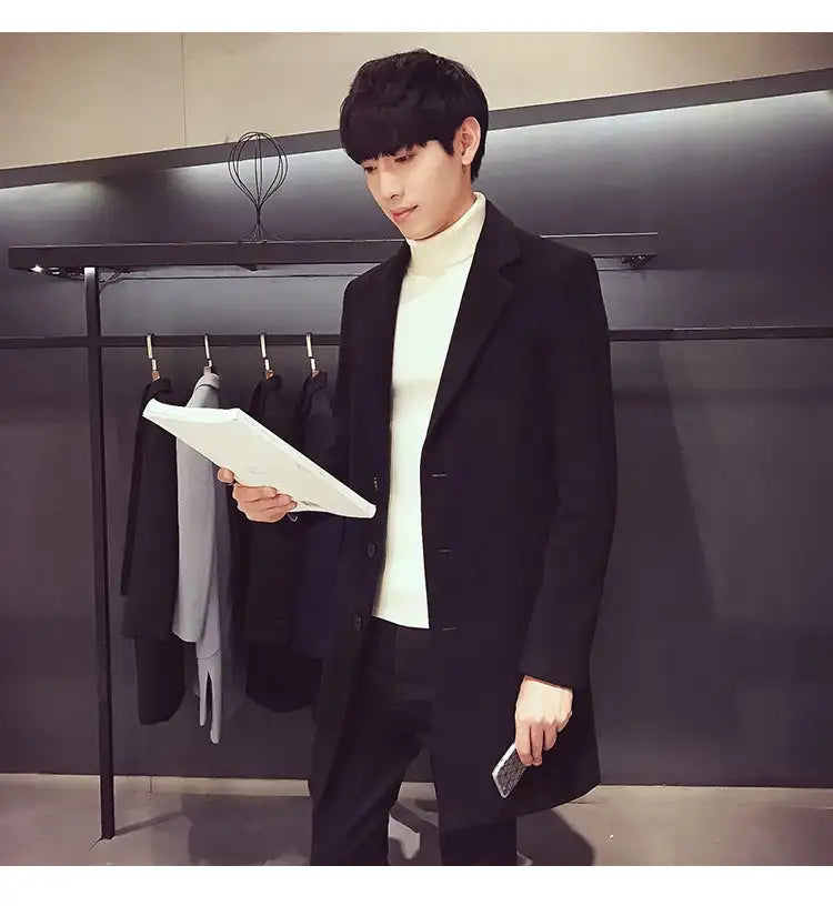 2024 Spring Autumn New Long Cotton Coat New Wool Blend Pure Color Casual Business Fashion Men's Clothing Slim Windbreaker Jacket - Lootquake