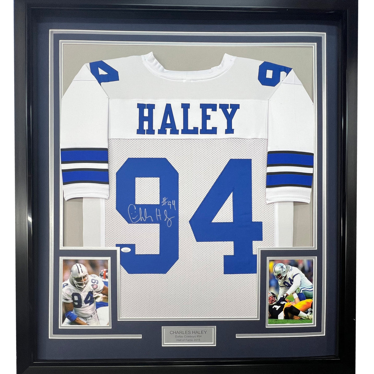 Framed Autographed/Signed Charles Haley 35x39 Dallas White Football Jersey JSA COA