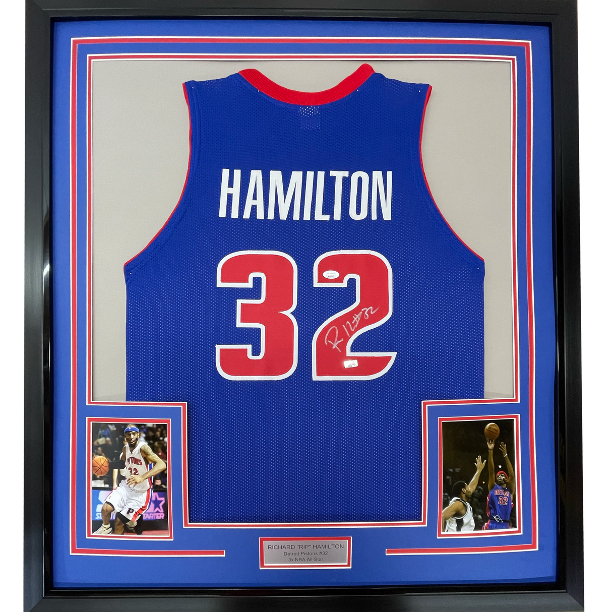Camiseta de baloncesto azul Detroit de Richard Rip Hamilton, enmarcada, autografiada y firmada, 35 x 39, JSA COA