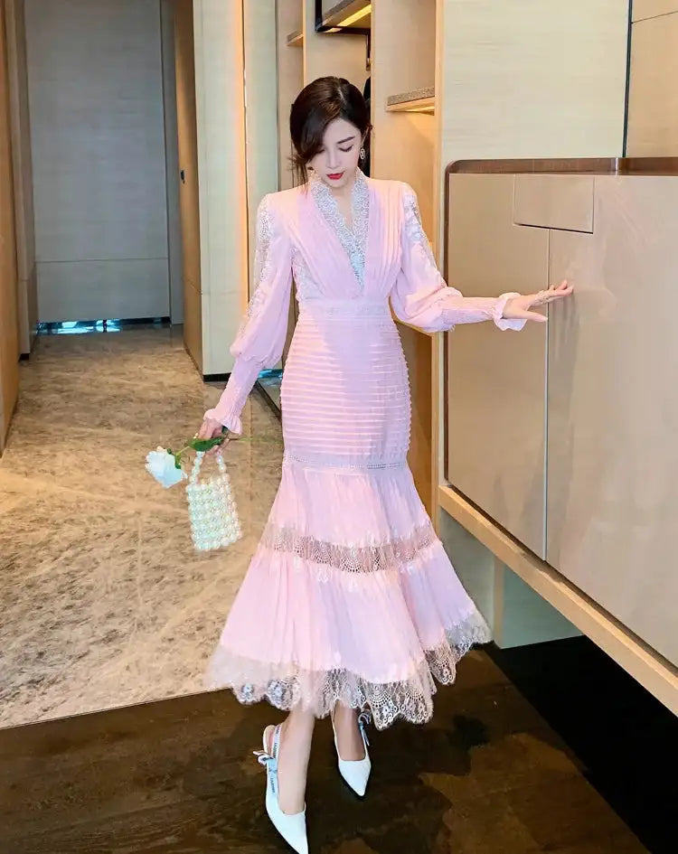 JSXDHK Fashion Runway Women Pleated Party Dress Spring Sexy V Neck Lantern Sleeve Chiffon Patchwork Lace Bodycon Slim Long Dress - Lootquake