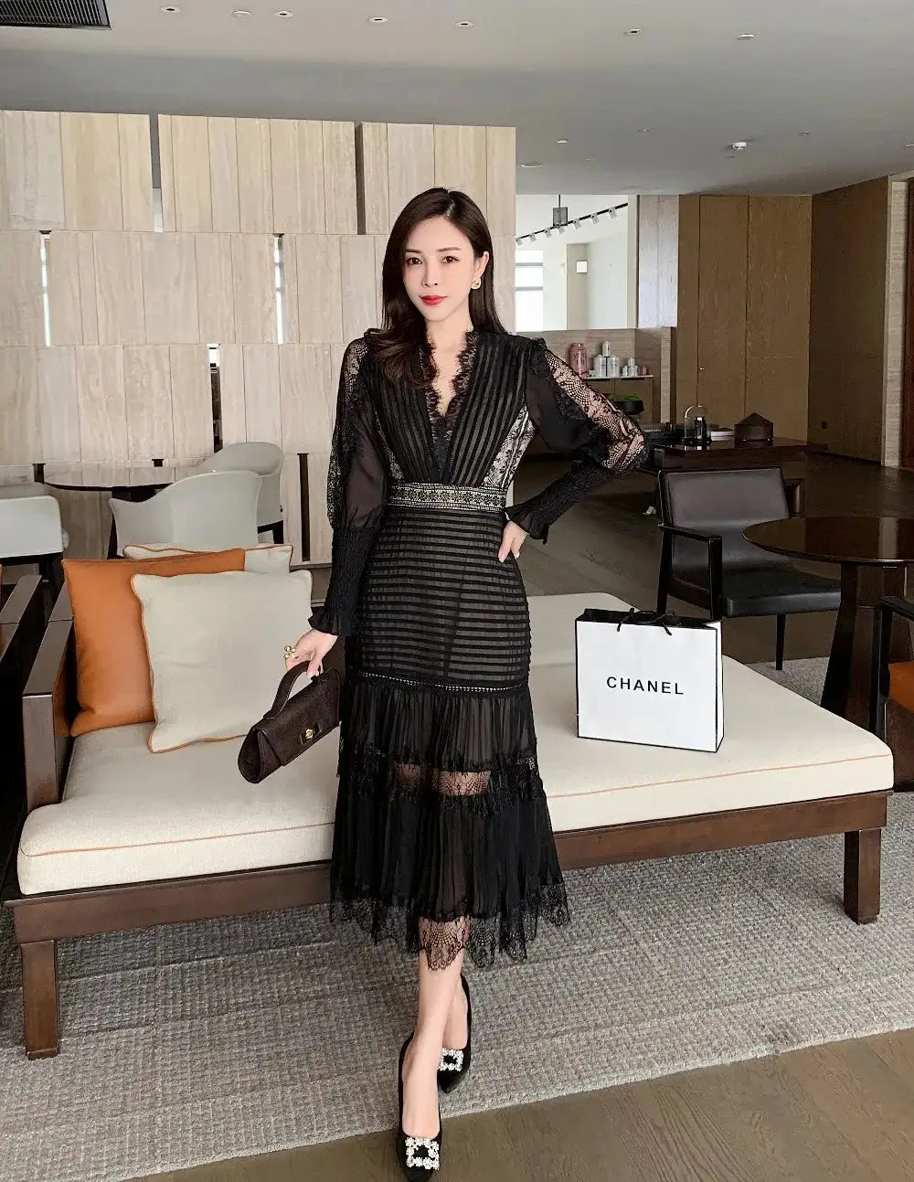 JSXDHK Fashion Runway Women Pleated Party Dress Spring Sexy V Neck Lantern Sleeve Chiffon Patchwork Lace Bodycon Slim Long Dress - Lootquake