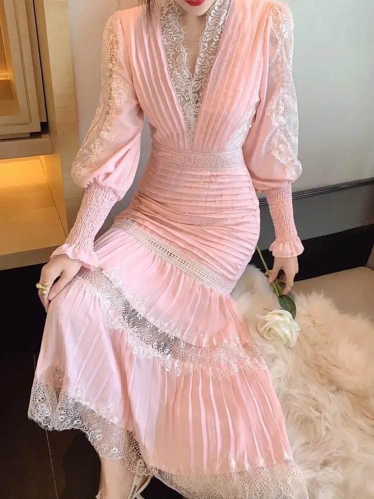 JSXDHK Fashion Runway Women Pleated Party Dress Spring Sexy V Neck Lantern Sleeve Chiffon Patchwork Lace Bodycon Slim Long Dress - Lootquake