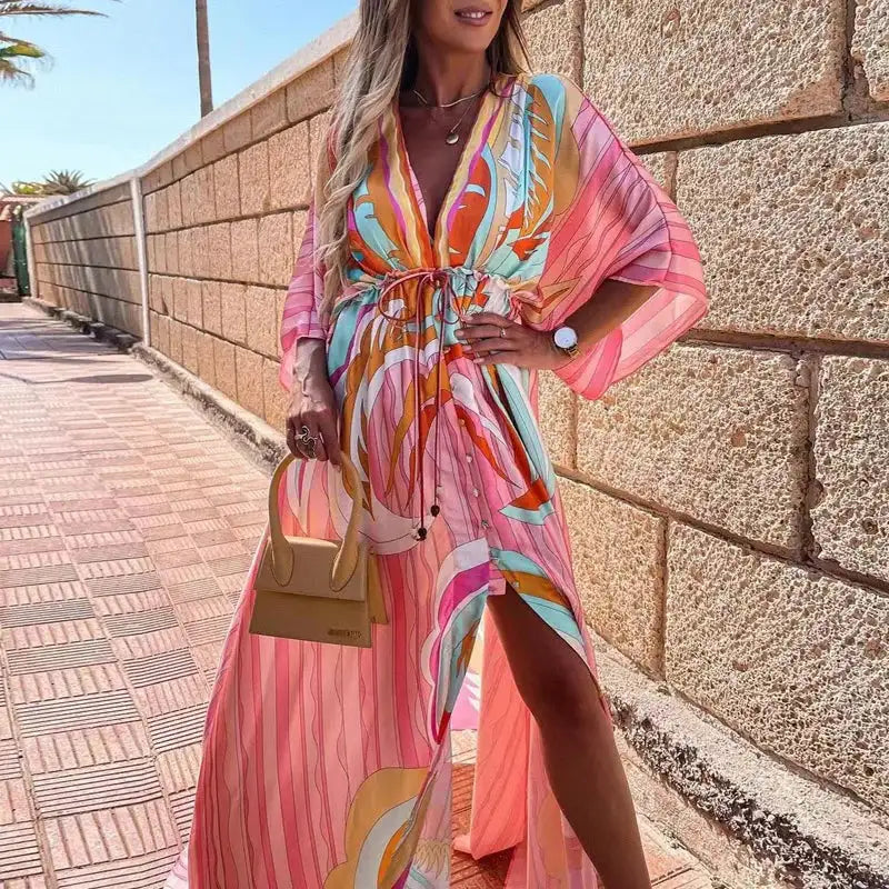 2023 Women Gorgeous Boho Print Maxi Beach Dress Summer Deep V Slit Elastic Waist Party Dress Elegant Holiday Long Dress Vestidos - Lootquake