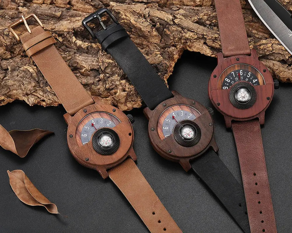 Natural Wood Watch Men Turntable Compass Dial Real Walnut Ebony Bamboo Wooden Watches Male Brown Concept Clock Quartz Wristwatch - Lootquake