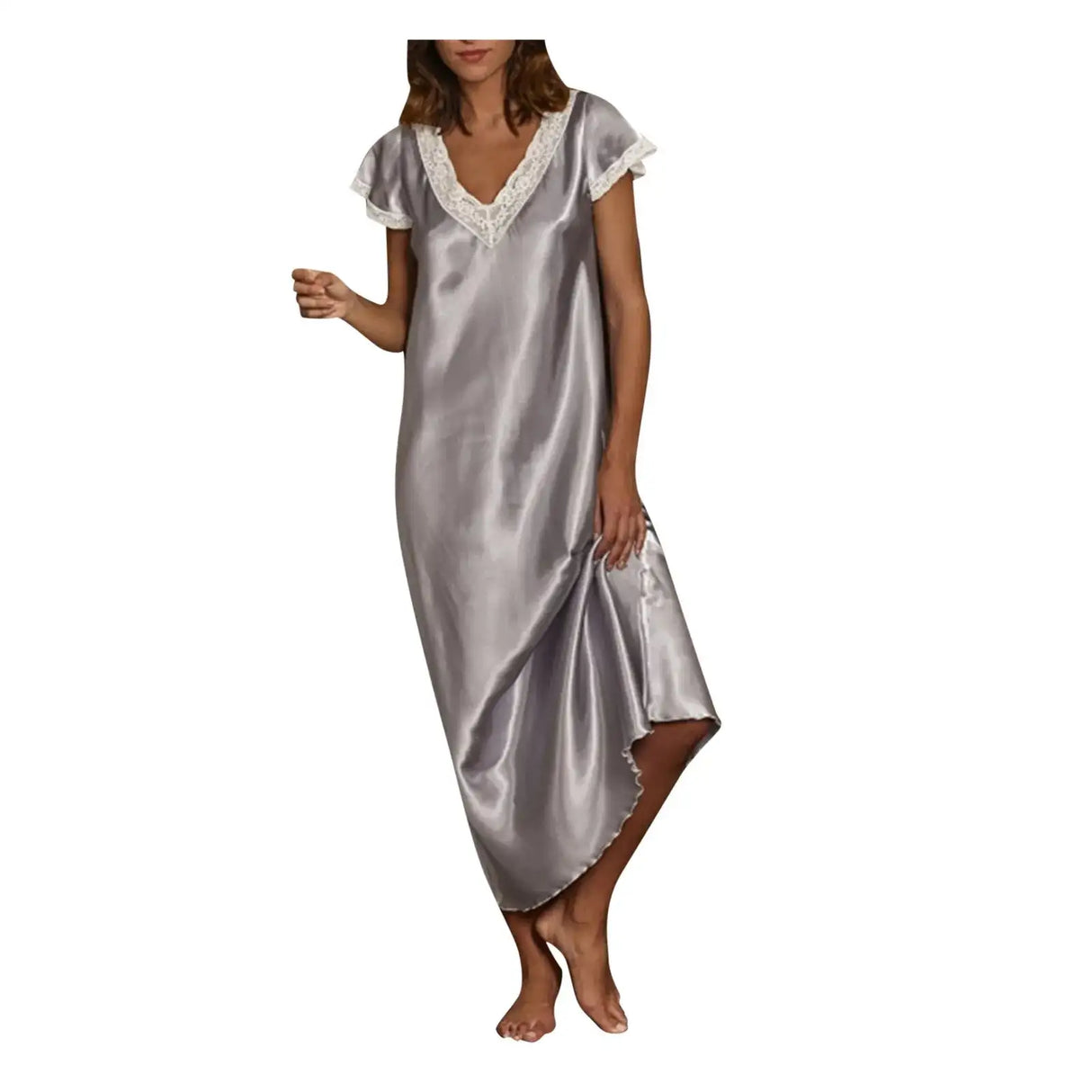 Women Summer Silk Sleepwear Short Sleeve V Neck Homewear Long Dress Nightgowns Sleepwear Sleep Tos Night Dress Underwear - Lootquake