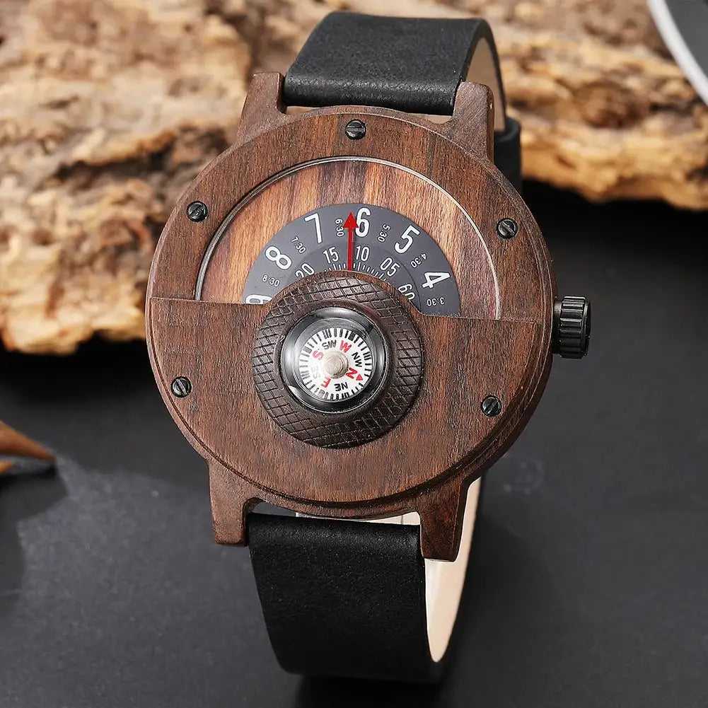 Natural Wood Watch Men Turntable Compass Dial Real Walnut Ebony Bamboo Wooden Watches Male Brown Concept Clock Quartz Wristwatch - Lootquake