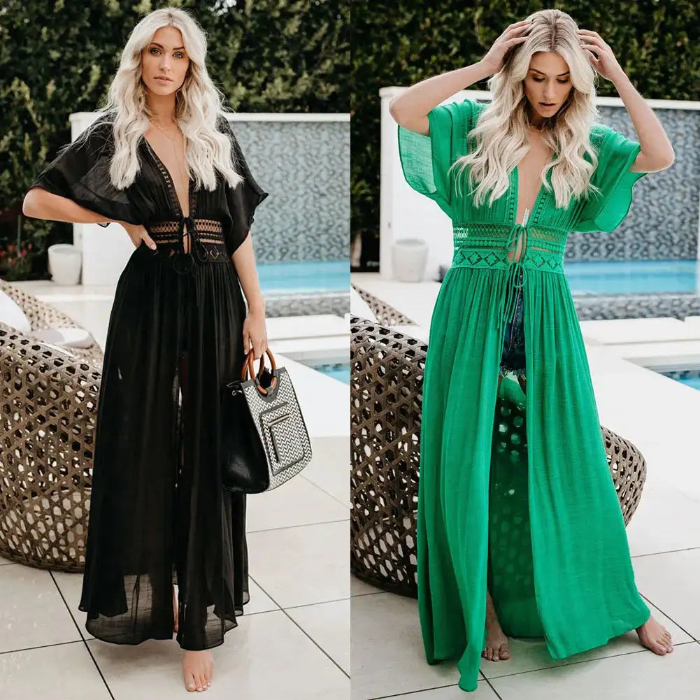 New 2020 Summer Women Lace Crochet Beach Cardigan Bikini Cover Up Wrap Beachwear Long Dress - Lootquake
