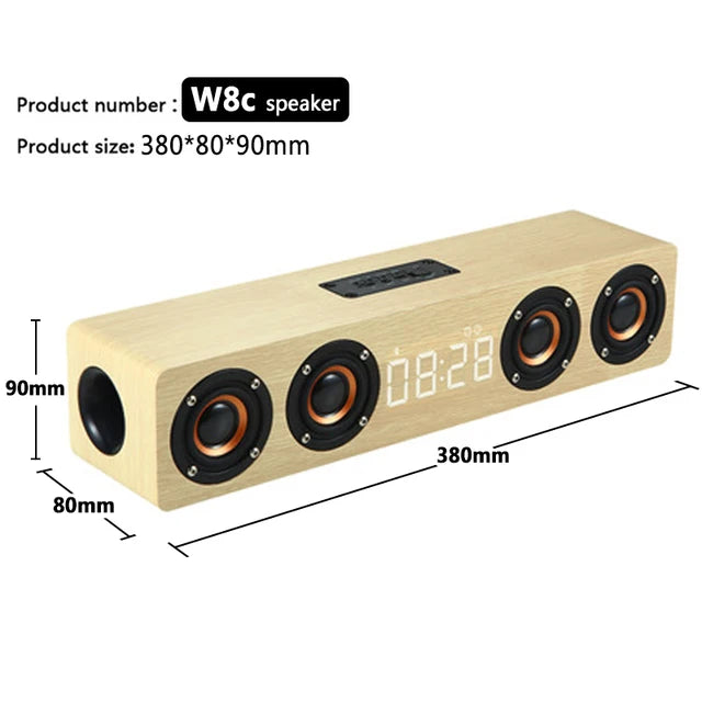 Altavoz Bluetooth de madera, portátil, inalámbrico, subwoofer, reloj, caja de sonido, ordenador de casa, barra de sonido de pared, estéreo HiFi, TF, AUX, disco U