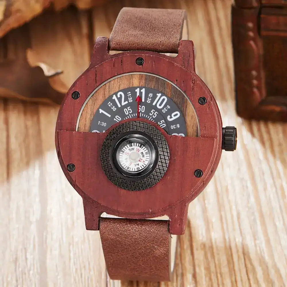 Natural Wood Watch Men Turntable Compass Dial Real Walnut Ebony Bamboo Wooden Watches Male Brown Concept Clock Quartz Wristwatch - Lootquake