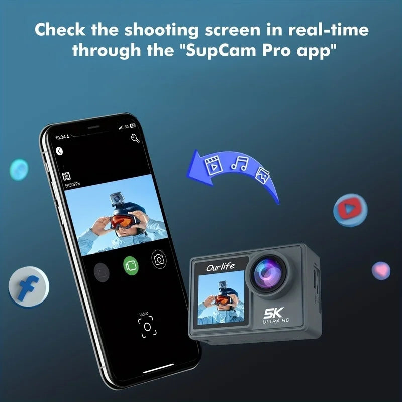 Mini caméra de sport Wi-Fi 50 MP, anti-tremblement, double écran 2 pouces, 5K Ultra HD 1080P, 120 ips, télécommande