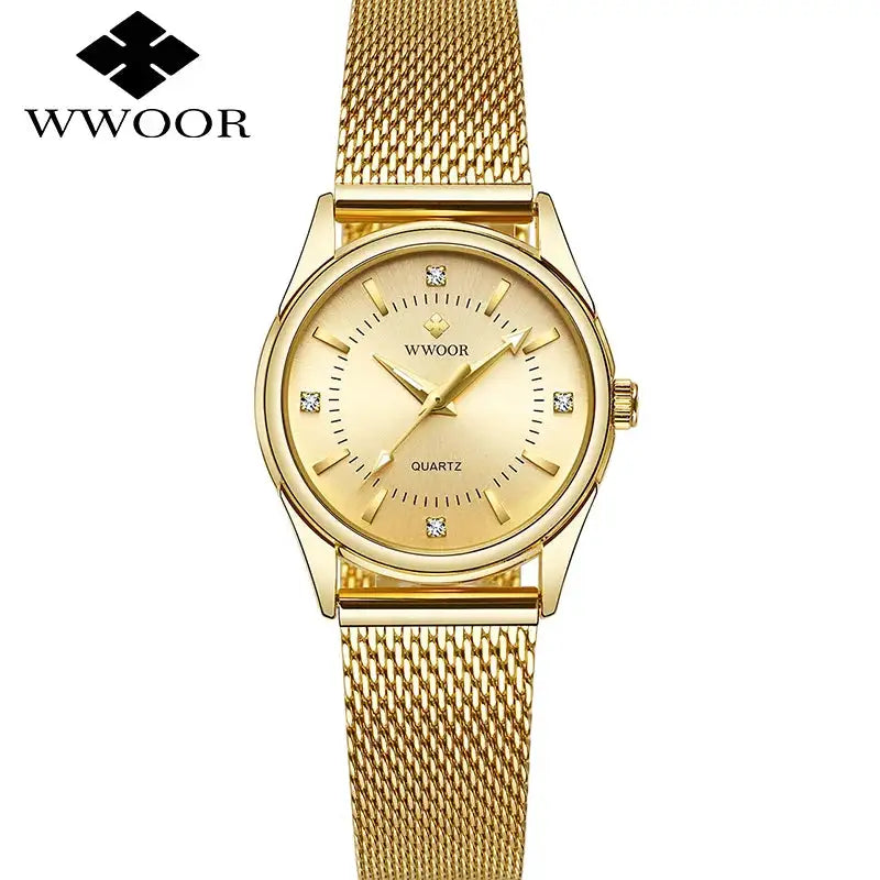 WWOOR 2023 Casual Women Dress Rose Gold Mesh Belt Fashion Diamonds Wristwatch Waterproof Simple Female Quartz Watch Reloj Mujer - Lootquake