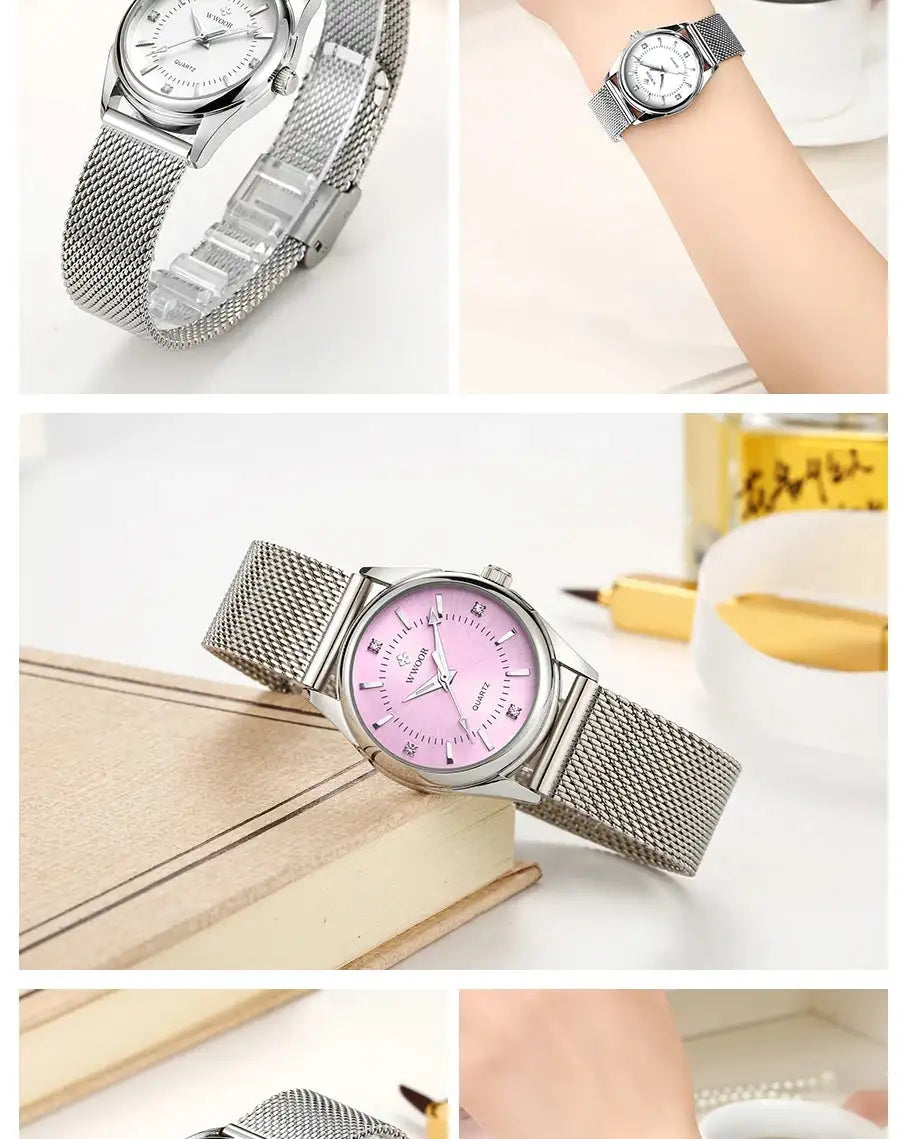 WWOOR 2023 Casual Women Dress Rose Gold Mesh Belt Fashion Diamonds Wristwatch Waterproof Simple Female Quartz Watch Reloj Mujer - Lootquake