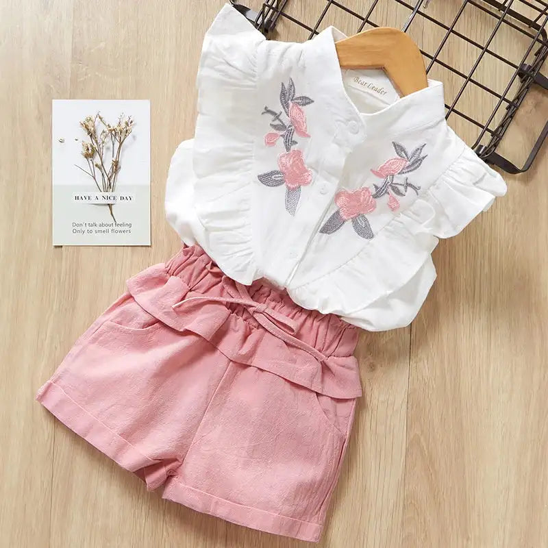 Bear Leader New Summer Casual Children Sets Chiffon Flowers Blue T-shirt Pants Girls Clothing Sets Kids Summer Set for 3-7 Years - Lootquake