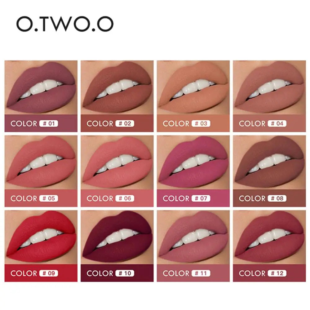 O.TWO.O 12 colores Maquillaje Lápiz labial Brillo labial Lápiz labial rojo sexy Impermeable Hidratante Labios Cosméticos Lápices labiales mate