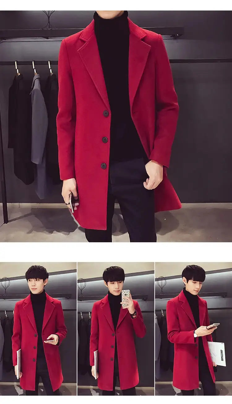 2024 Spring Autumn New Long Cotton Coat New Wool Blend Pure Color Casual Business Fashion Men's Clothing Slim Windbreaker Jacket - Lootquake