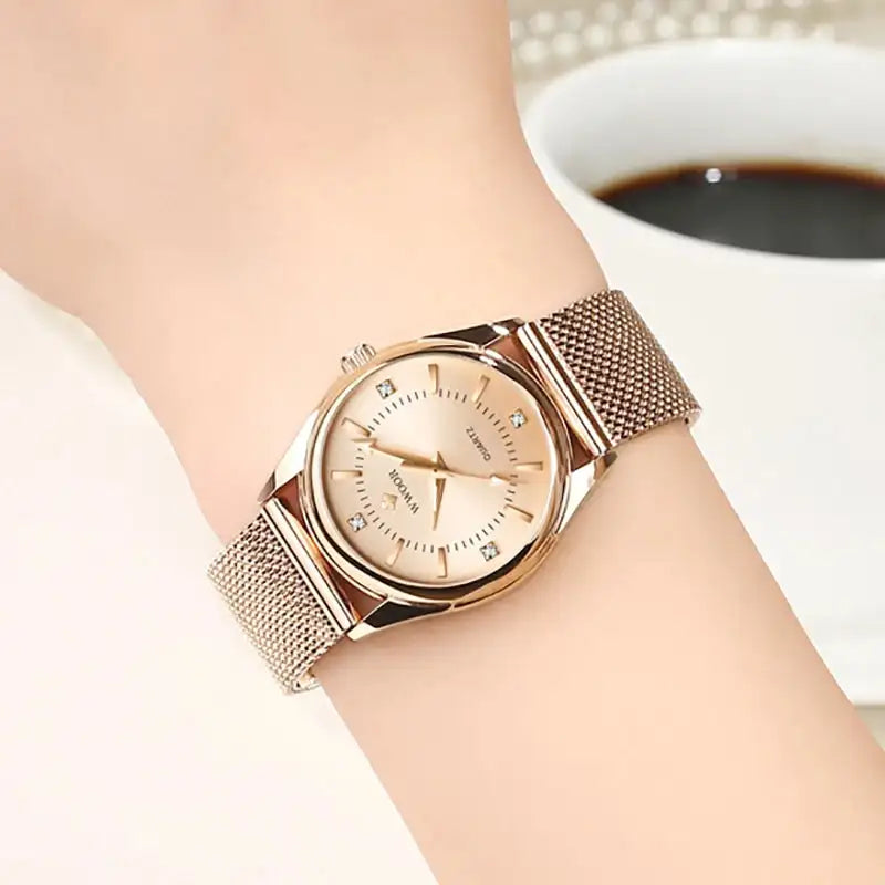 WWOOR 2023 Casual Women Dress Rose Gold Mesh Belt Fashion Diamonds Wristwatch Waterproof Simple Female Quartz Watch Reloj Mujer - Lootquake